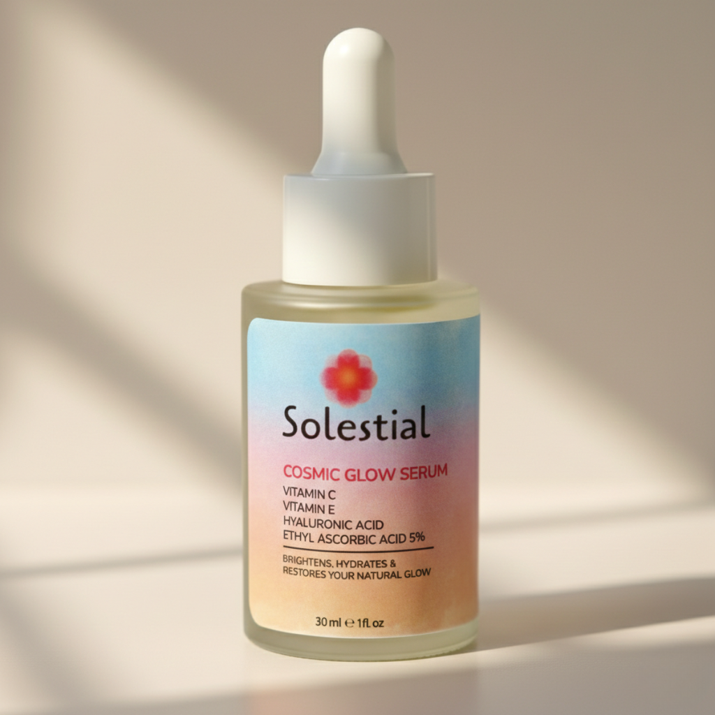 Solestial Cosmic Glow Vitamin C Serum bottle on a neutral background