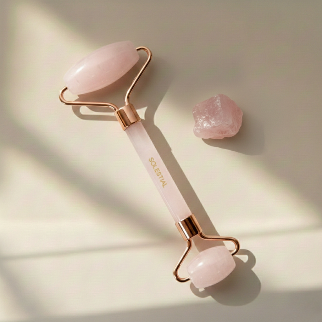 Solestial rose quartz facial roller with smooth stone on a light background